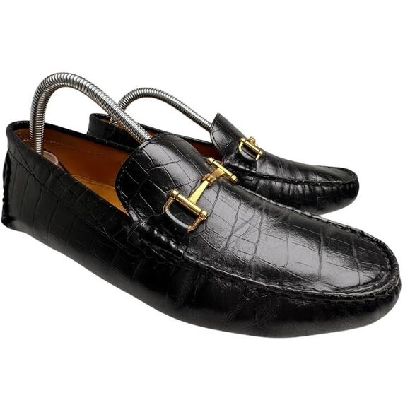 Saks Fifth Avenue Mens Black Croc Embossed Leather Horsebit Loafers Mocs Sz 9.5 - Picture 4 of 16
